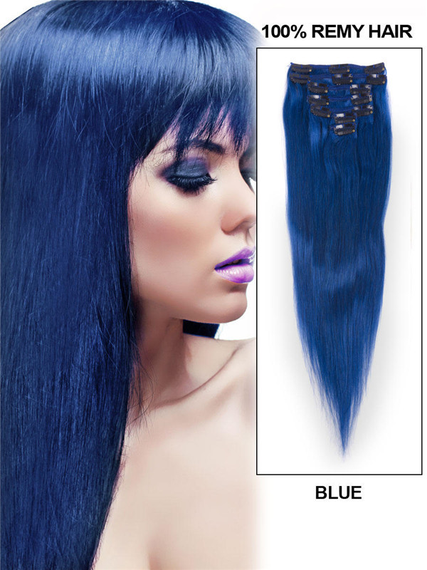 Blue(#Blue) Deluxe Rak Clip In Human Hair Extensions 7 delar 0