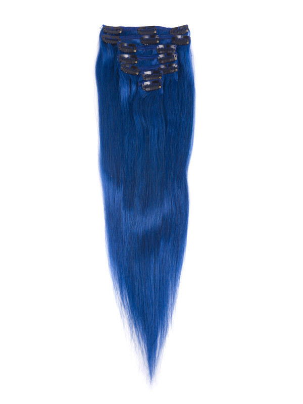 Bleu(#Bleu) Extensions droites de luxe à clips de cheveux humains 7 pièces 1