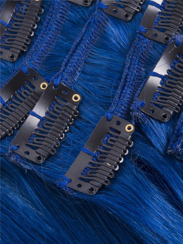 Bleu(#Bleu) Extensions droites de luxe à clips de cheveux humains 7 pièces 4