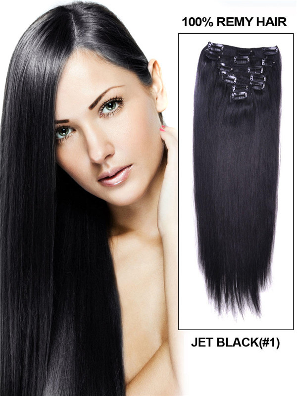 Jet Black(#1) Premium Straight Clip In Hair Extensions 7 delar 0