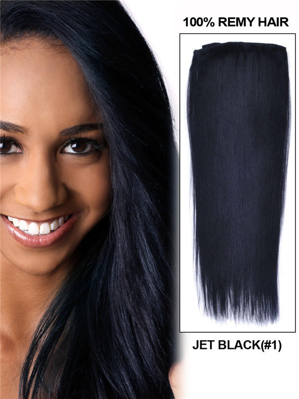 Jet Black(#1) Straight Deluxe Clip In Human Hair Extensions 7 delar 0