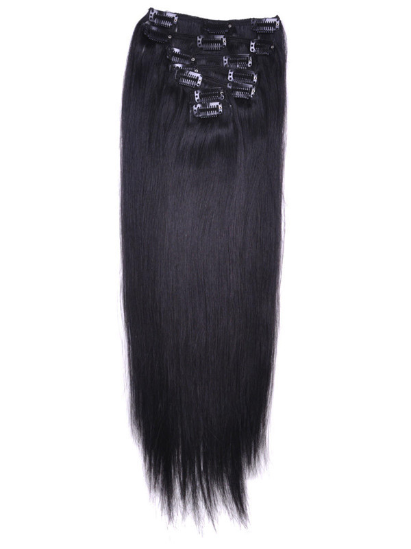Jet Black(#1) Straight Deluxe Clip In Human Hair Extensions 7 delar 1