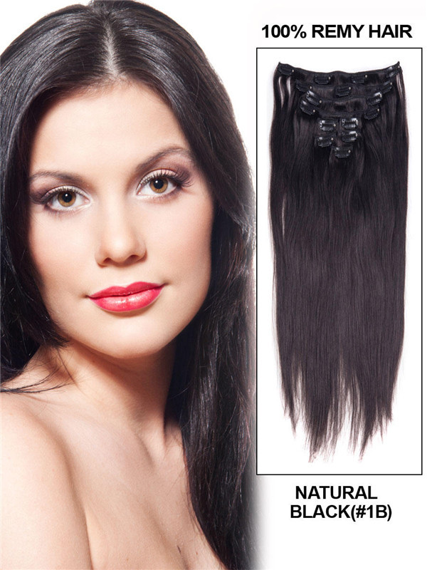 Naturlig svart(#1B) Ultimate Silky Straight Clip In Remy Hair Extensions 9 stk. 0