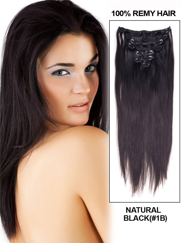 Clipe reto de seda final preto natural (#1B) em extensões de cabelo remy 9 peças 1