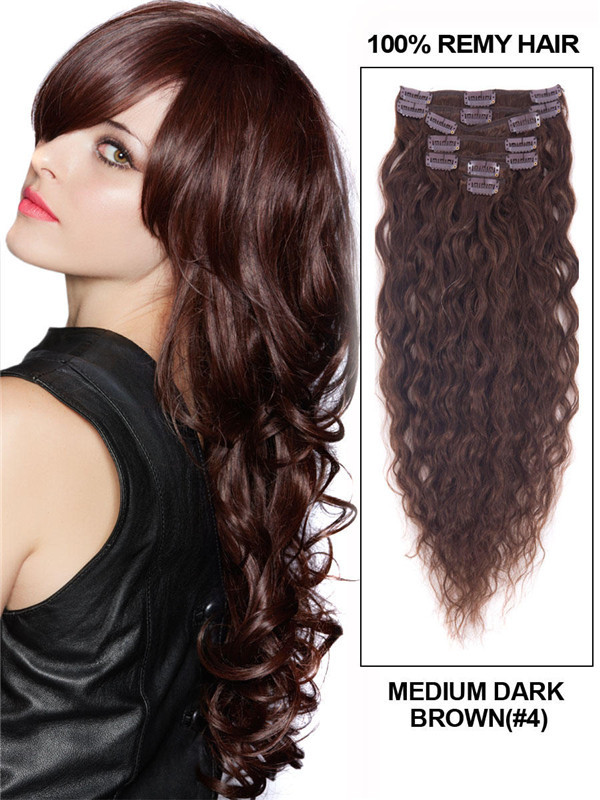 Brun moyen (#4) Deluxe Kinky Curl Clip dans les extensions de cheveux humains 7 pièces 0