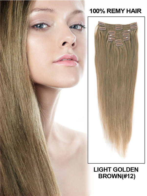 Marrón dorado claro (# 12) Ultimate Straight Clip en extensiones de cabello Remy 9 piezas-np 0