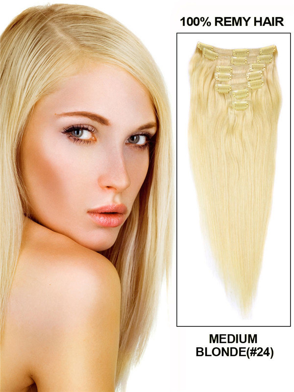 Medium Blond(#24) Deluxe Rak Clip In Human Hair Extensions 7 delar 0