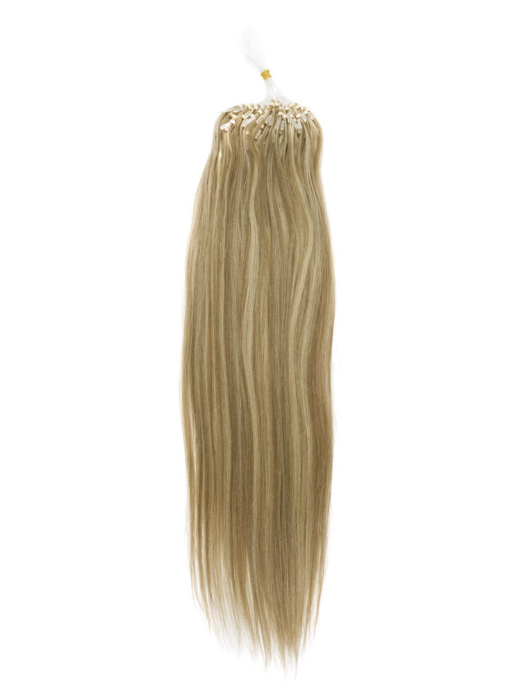 Extensiones de cabello Remy Micro Loop, 100 hebras, sedoso, recto, marrón dorado/rubio (#F12/613) 0