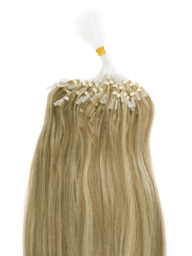 Remy Micro Loop Hair Extensions 100 trådar silkeslen rak Gyllene brun/blond(#F12/613) 1