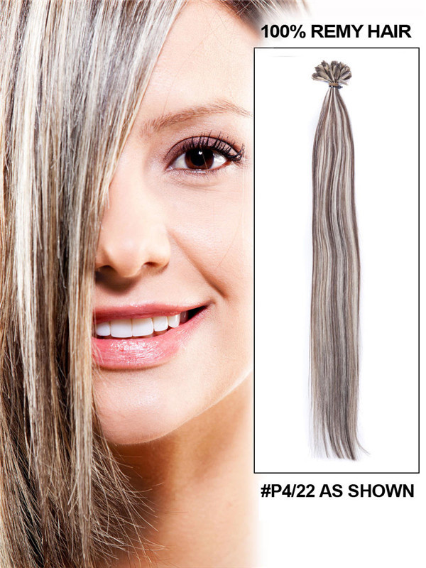 50 Stuk Silky Straight Remy Nail Tip/U Tip Hair Extensions Bruin/Blond (#P4/22) 0