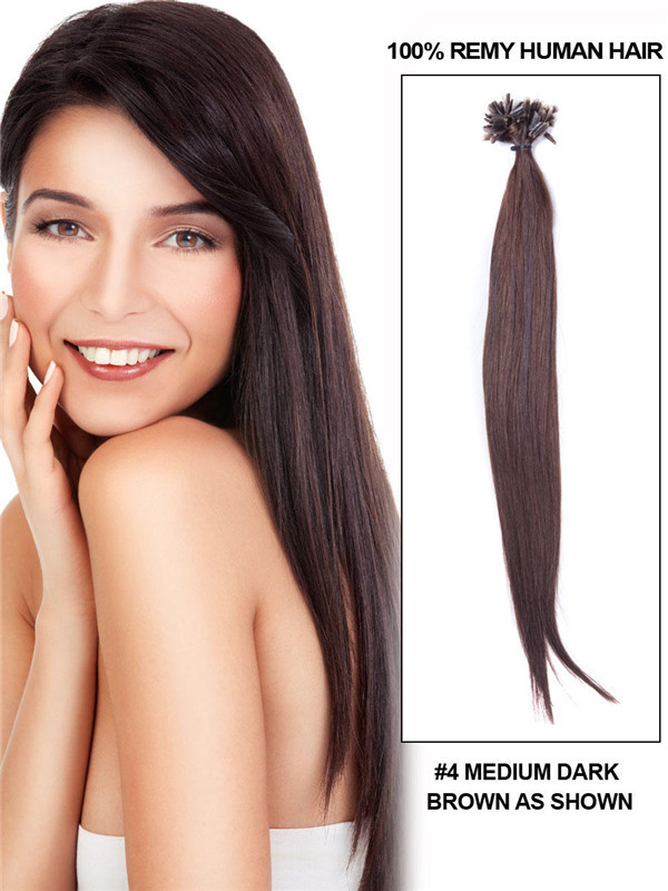 50 extensiones de cabello con punta de uñas Remy rectas y sedosas/punta en U marrón medio (#4) 0