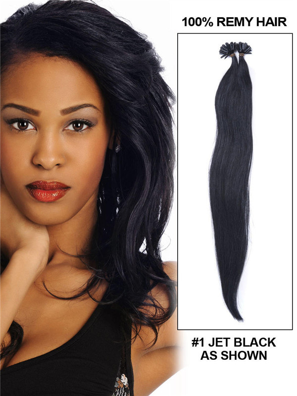 50 stykker Silky Straight Remy Nail Tip/U Tip Hair Extensions Jet Black(#1) 0