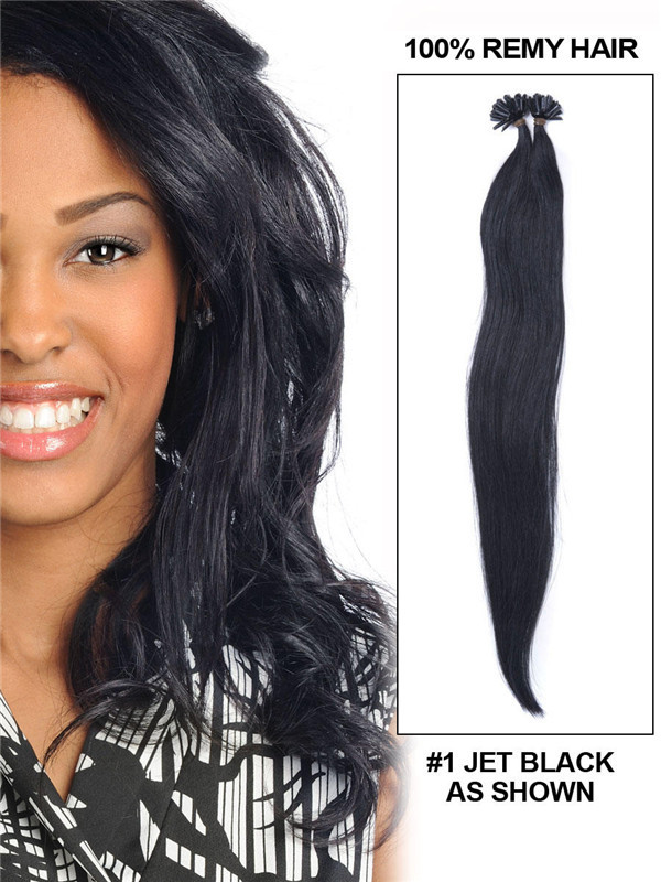 50 stykker Silky Straight Remy Nail Tip/U Tip Hair Extensions Jet Black(#1) 1