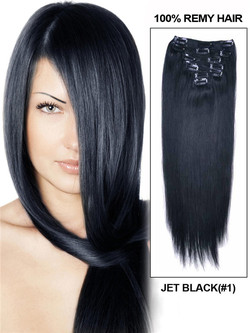 Jet Black(#1) Premium Straight Clip In Hair Extensions 7 delar