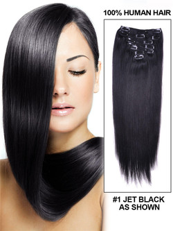 Jet Black(#1) Straight Deluxe Clip In Human Hair Extensions 7 delar