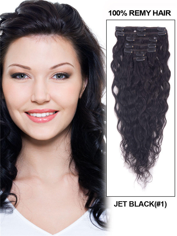 Jet Black(#1) Deluxe Kinky Curl Clip In Human Hair Extensions 7 stk
