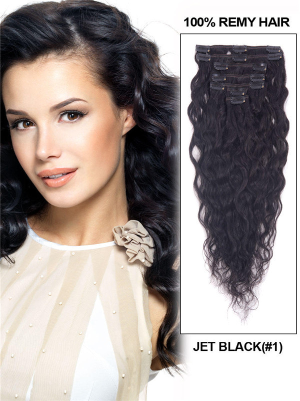 Jet Black(#1) Premium Kinky Curl Clip In Hair Extensions 7 delar