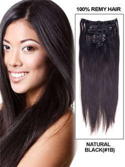 Naturlig svart(#1B) Ultimate Silky Straight Clip In Remy Hair Extensions 9 stk.