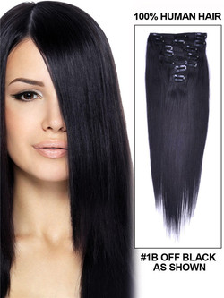 Clipe reto sedoso de luxo natural preto (#1B) em extensões de cabelo humano 7 peças