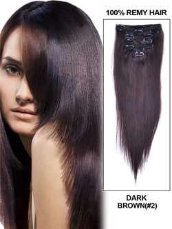 Mørkebrun(#2) Premium Silkeaktig Straight Clip In Hair Extensions 7 stk