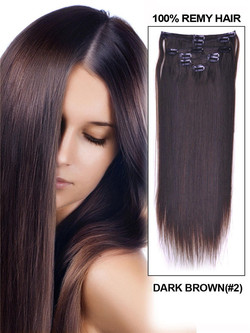 Mörkbrun(#2) Deluxe silkeslen rak klämma i mänskligt hårförlängning 7 delar