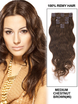 Medium Chestnut Brown(#6) Ultimate Body Wave Clip In Remy Hair Extensions 9 stk.