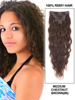 Medium Chestnut Brown(#6) Premium Kinky Curl Clip i hårförlängningar 7 delar