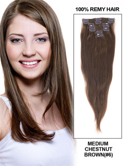 Medium Chestnut Brown (#6) Premium Rak Clip In Hair Extensions 7 delar