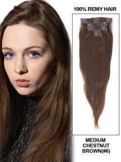 Medium Chestnut Brown(#6) Deluxe Straight Clip In Human Hair Extensions 7 stykker