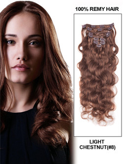Light Chestnut(#8) Ultimate Body Wave Clip i Remy Hair Extensions 9 delar