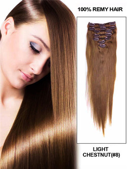 Light Chestnut (#8) Premium Straight Clip In Hair Extensions 7 Stück