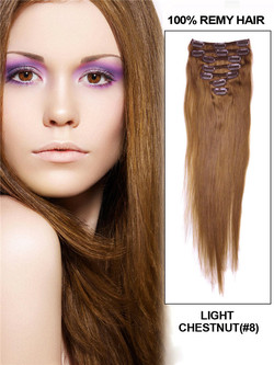 Light Chestnut(#8) Deluxe Straight Clip In Human Hair Extensions 7 stykker