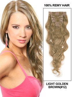 Marrón dorado claro (# 12) Extensiones de cabello con clip de ondas corporales premium 7 piezas