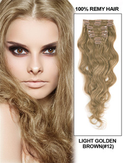 Clipe de onda corporal final marrom dourado claro (#12) em extensões de cabelo Remy 9 peças-np