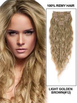 Clipe de cachos crespos de luxo marrom dourado claro (#12) em extensões de cabelo humano 7 peças