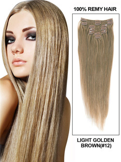 Brun doré clair (#12) Extensions de cheveux droites à clips de qualité supérieure 7 pièces