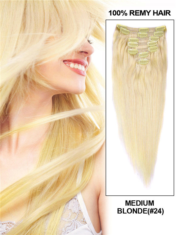 Medium Blond(#24) Deluxe Rak Clip In Human Hair Extensions 7 delar