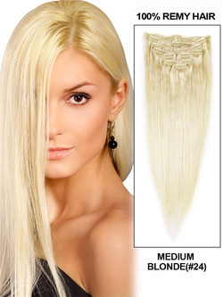 Blonde Moyenne (#24) Extensions de Cheveux Raides Ultimes à Clips Remy 9 Pièces