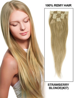 Strawberry Blonde(#27) Deluxe Straight Clip In Human Hair Extensions 7 stykker