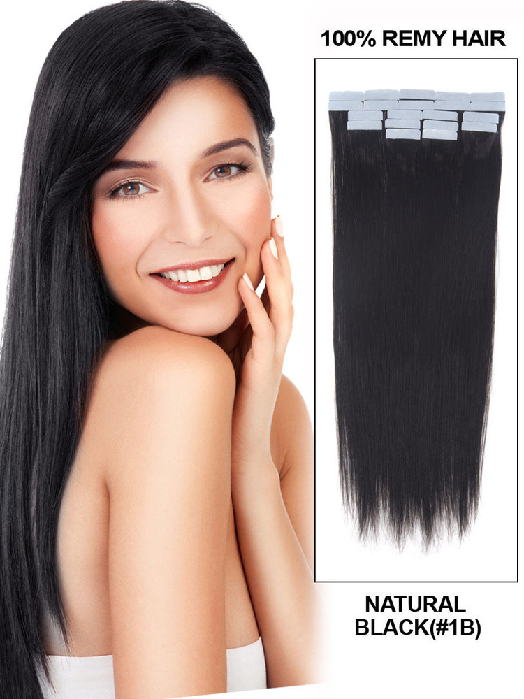 Remy Tape In Hair Extensions 20 stykker Silky Straight Natural Black(#1B)