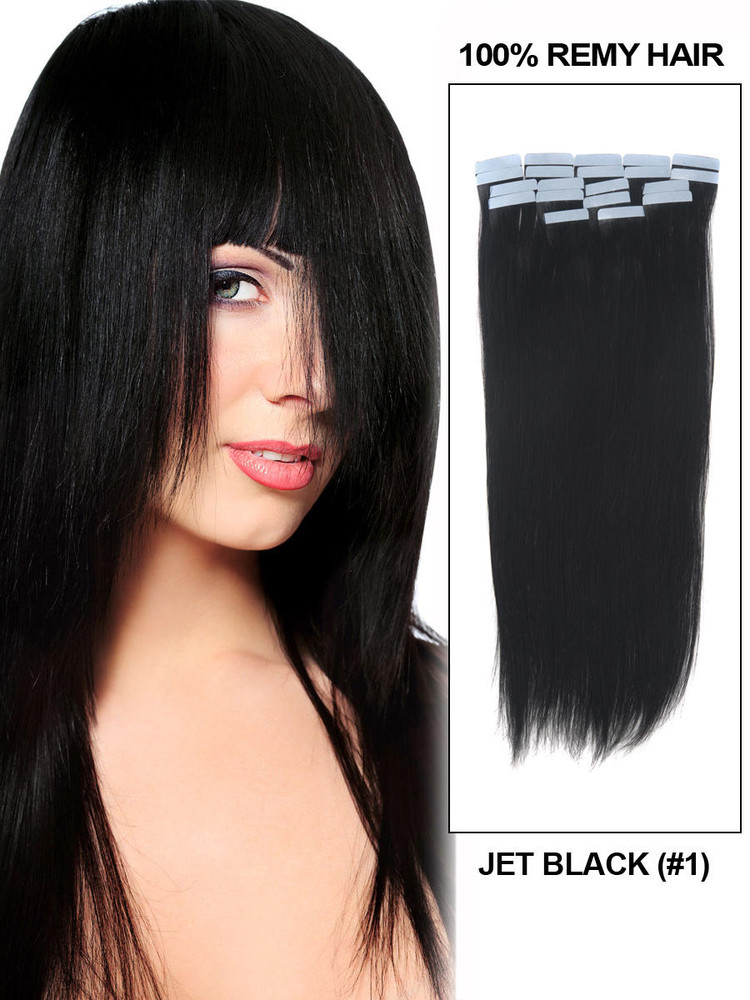 Fita em extensões de cabelo Remy 20 peças sedoso liso preto azeviche (#1)