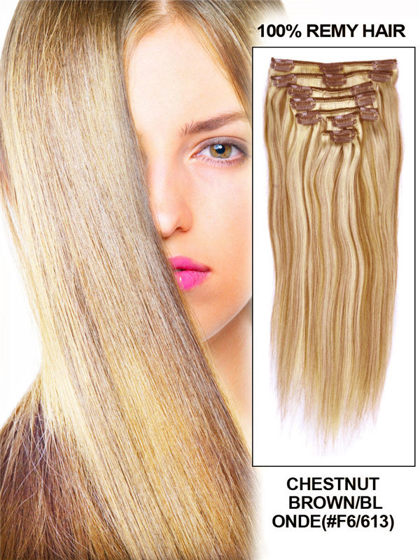 Chestnut Brown/Blonde(#F6-613) Premium Straight Clip In Hair Extensions 7 Pieces 1