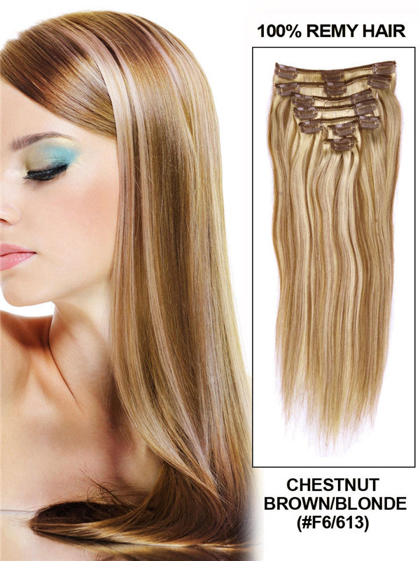 Chestnut Brown/Blonde(#F6-613) Deluxe Straight Clip In Human Hair Extensions 7 Pieces 1