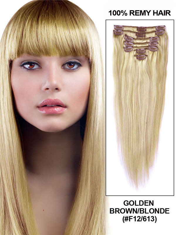 Golden Brown/Blonde(#F12-613) Deluxe Straight Clip In Human Hair Extensions 7 Pieces 2