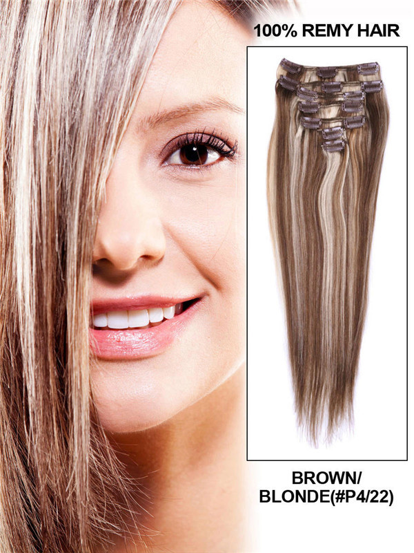 Brown/Blonde(#P4-22) Premium Straight Clip In Hair Extensions 7 Pieces 0