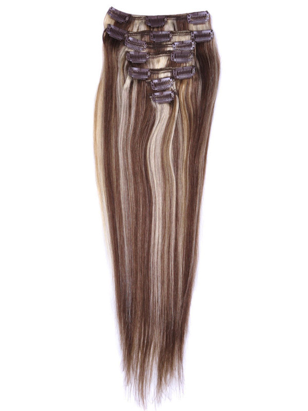Brown/Blonde(#P4-22) Deluxe Straight Clip In Human Hair Extensions 7 Pieces 1