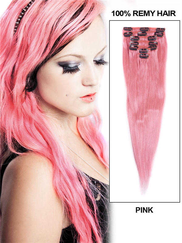 Pink(#Pink) Deluxe Straight Clip In Human Hair Extensions 7 Pieces 0