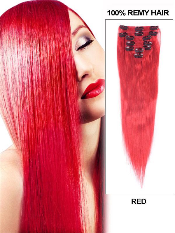 Red(#Red) Deluxe Straight Clip In Human Hair Extensions 7 Pieces 3