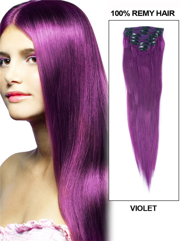 Violet(#Violet) Deluxe Straight Clip In Human Hair Extensions 7 Pieces 0