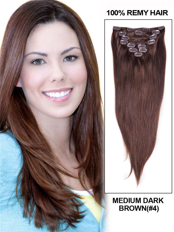 Medium Brown(#4) Ultimate Straight Clip In Remy Hair Extensions 9 Pieces 0